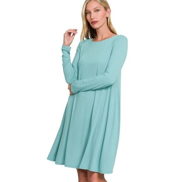 Zenana Long Sleeve‎ Flare Dress With Pockets - Picture 2 of 3